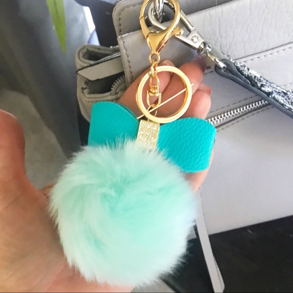 Turquoise Blue/Green Fur Pom Pom Keyring/Charm - Picture 6 of 6